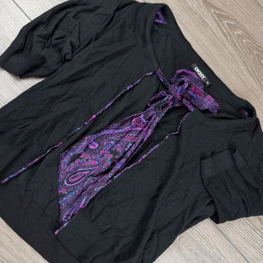 DKNY Womens Cardigan Silk Blend Paisley Bow Tie Front Black M/L